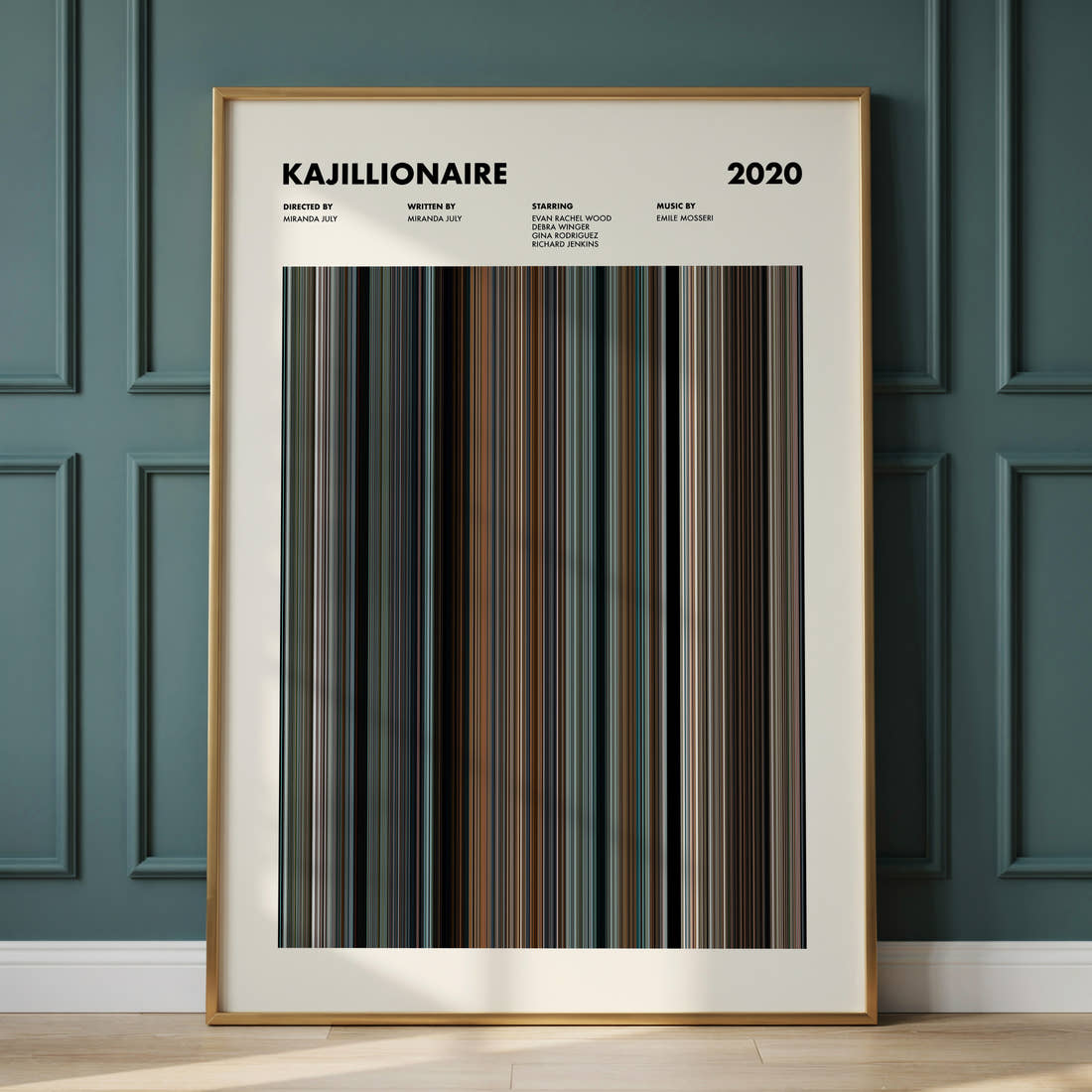 Kajillionaire Movie Barcode Poster framed and leaning against a panelled wall