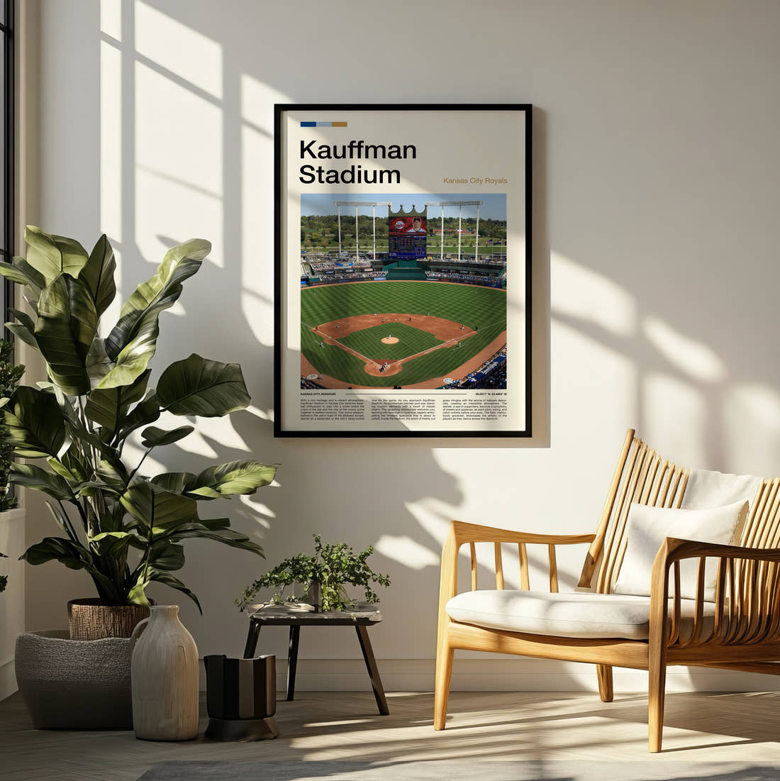 Kauffman Print framed on a pale wall beside houseplants