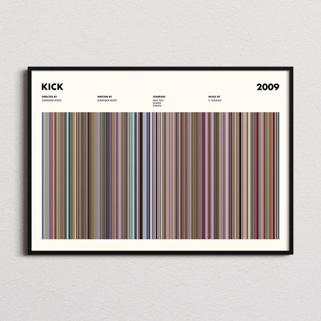 Kick 2009 Movie Barcode Poster framed and photographed straight on