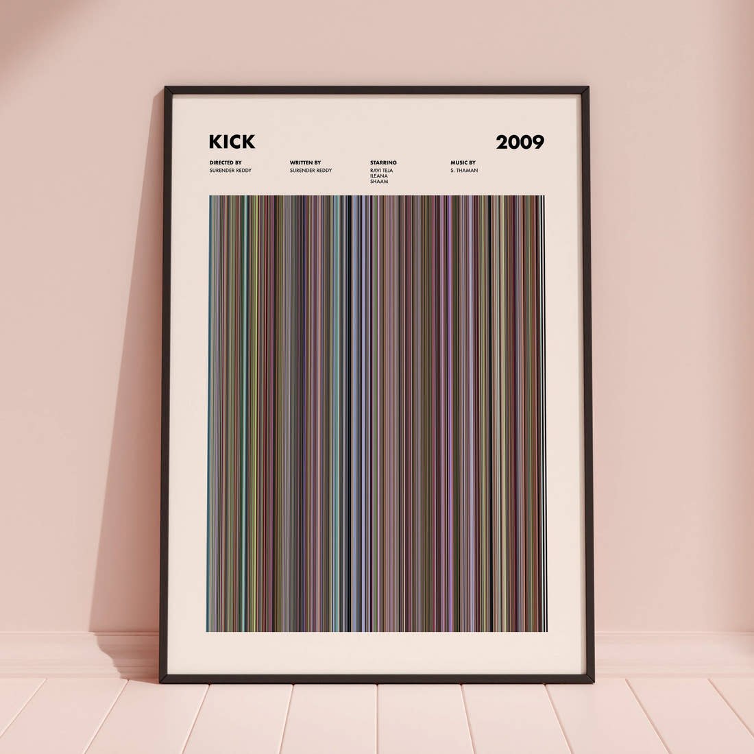 Kick 2009 Movie Barcode Poster framed and leaning against a coloured wall