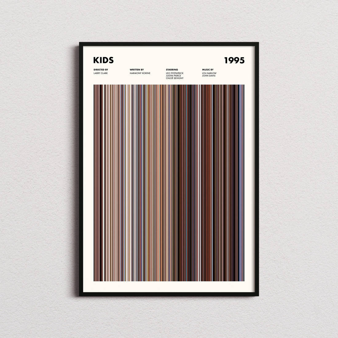 Kids Movie Barcode Poster framed on a plain studio wall