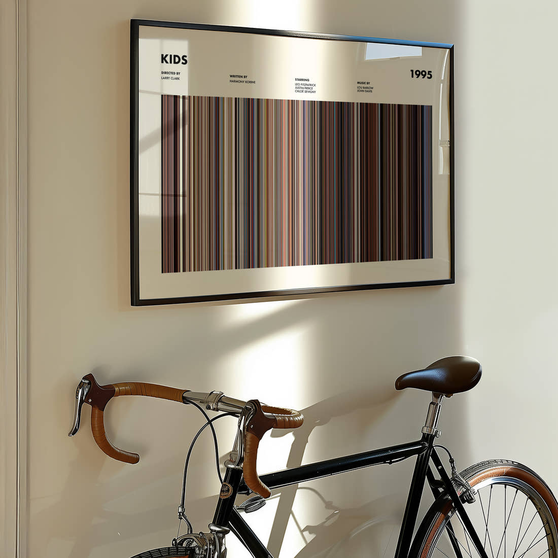 Kids Movie Barcode Poster framed on the wall of a styled room setting