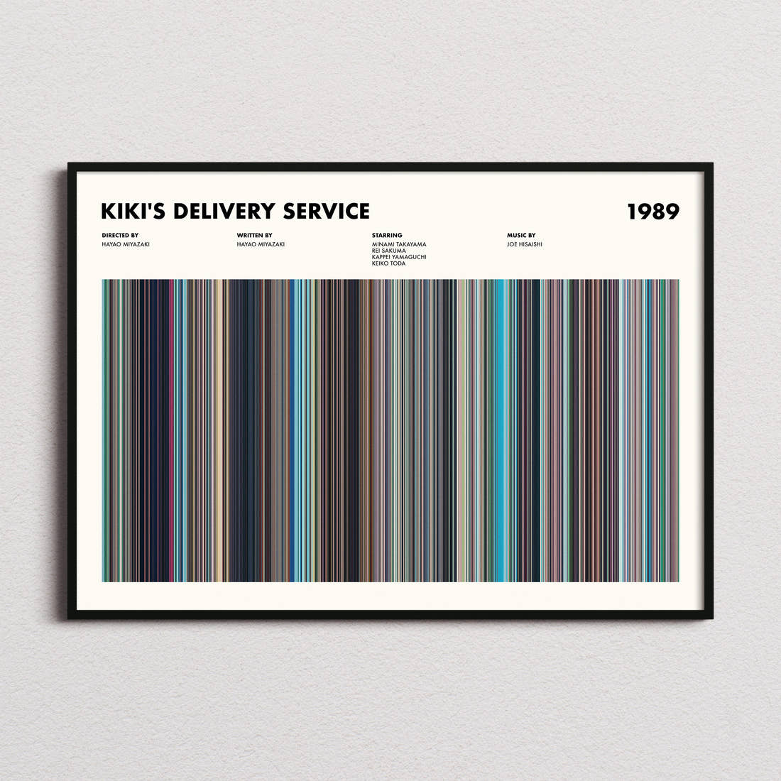 Kiki's Delivery Service Movie Barcode Poster framed and photographed straight on