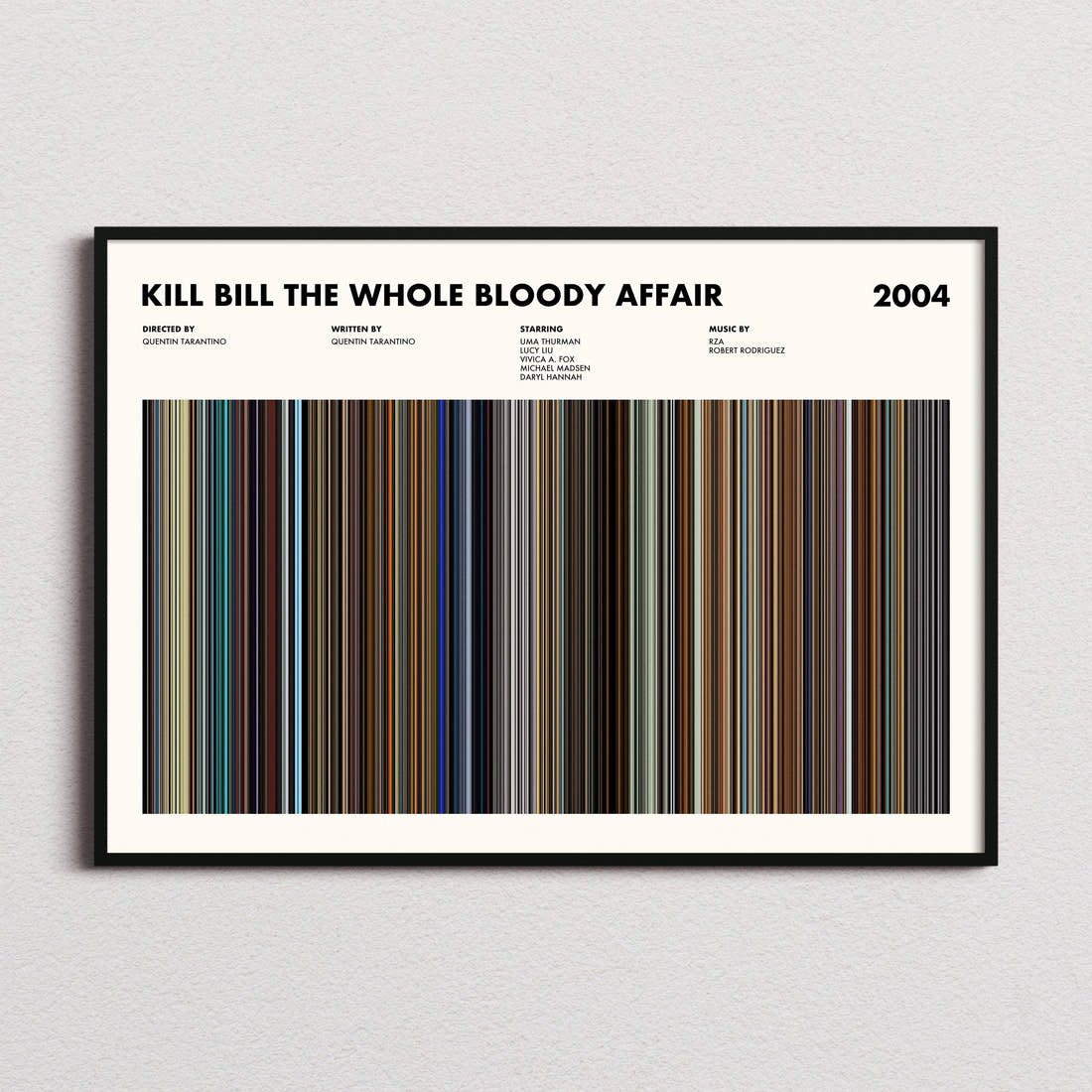 Kill Bill: The Whole Bloody Affair Movie Barcode Poster framed and photographed straight on