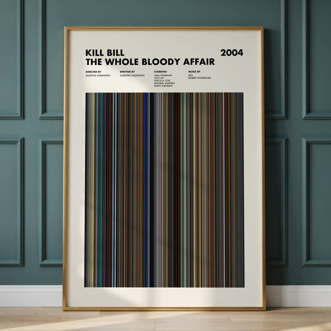 Kill Bill: The Whole Bloody Affair Movie Barcode Poster framed and leaning against a panelled wall
