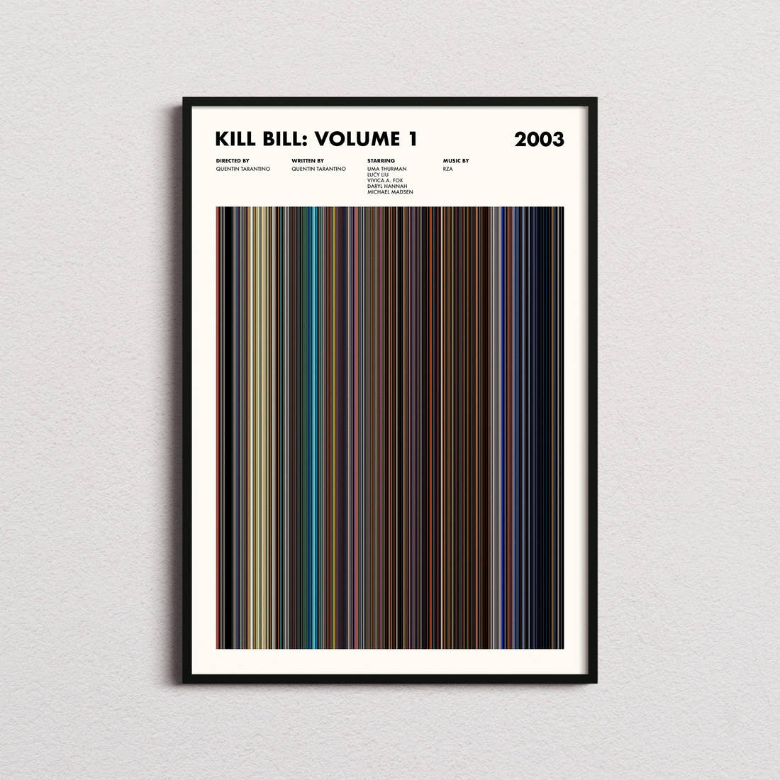 Kill Bill: Volume 1 Movie Barcode Poster framed on a plain studio wall