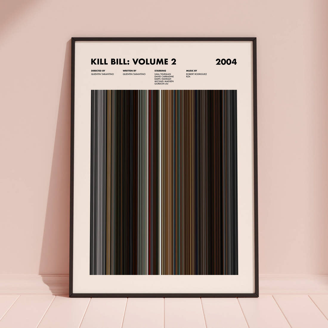 Kill Bill: Volume 2 Movie Barcode Poster framed and leaning against a coloured wall