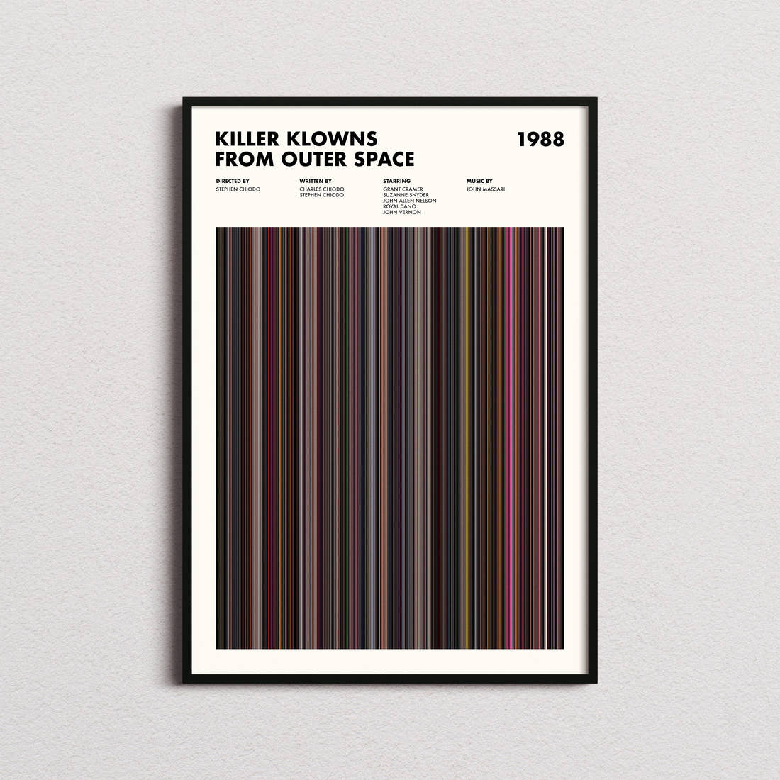 Killer Klowns From Outer Space Movie Barcode Poster framed on a plain studio wall