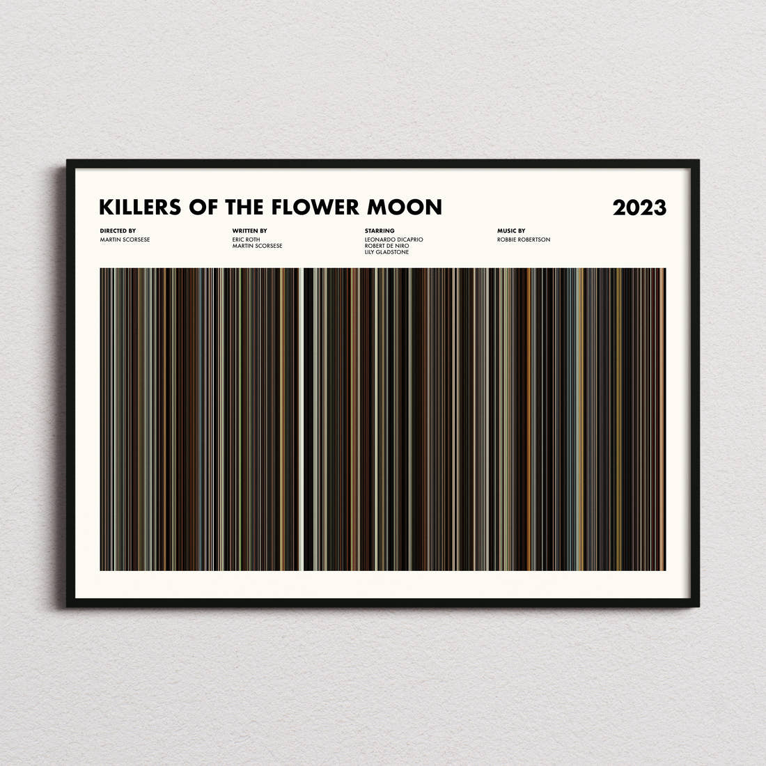 Killers Of The Flower Moon Movie Barcode Poster framed and photographed straight on