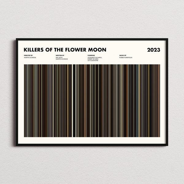 Killers Of The Flower Moon Movie Barcode Poster framed and photographed straight on