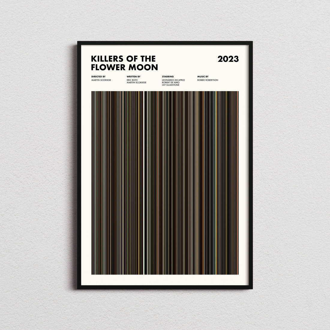 Killers Of The Flower Moon Movie Barcode Poster framed on a plain studio wall