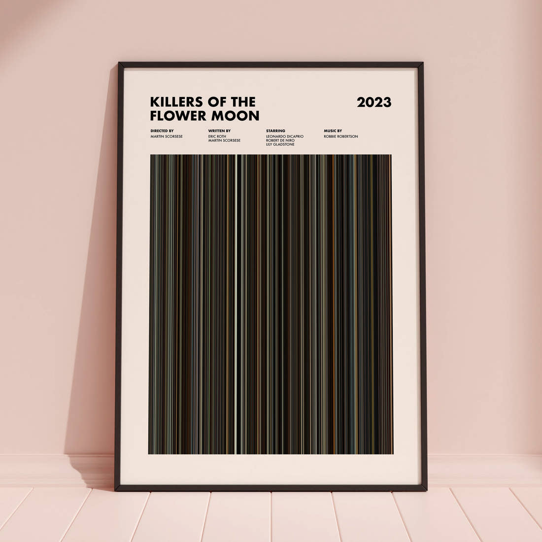 Killers Of The Flower Moon Movie Barcode Poster framed and leaning against a coloured wall