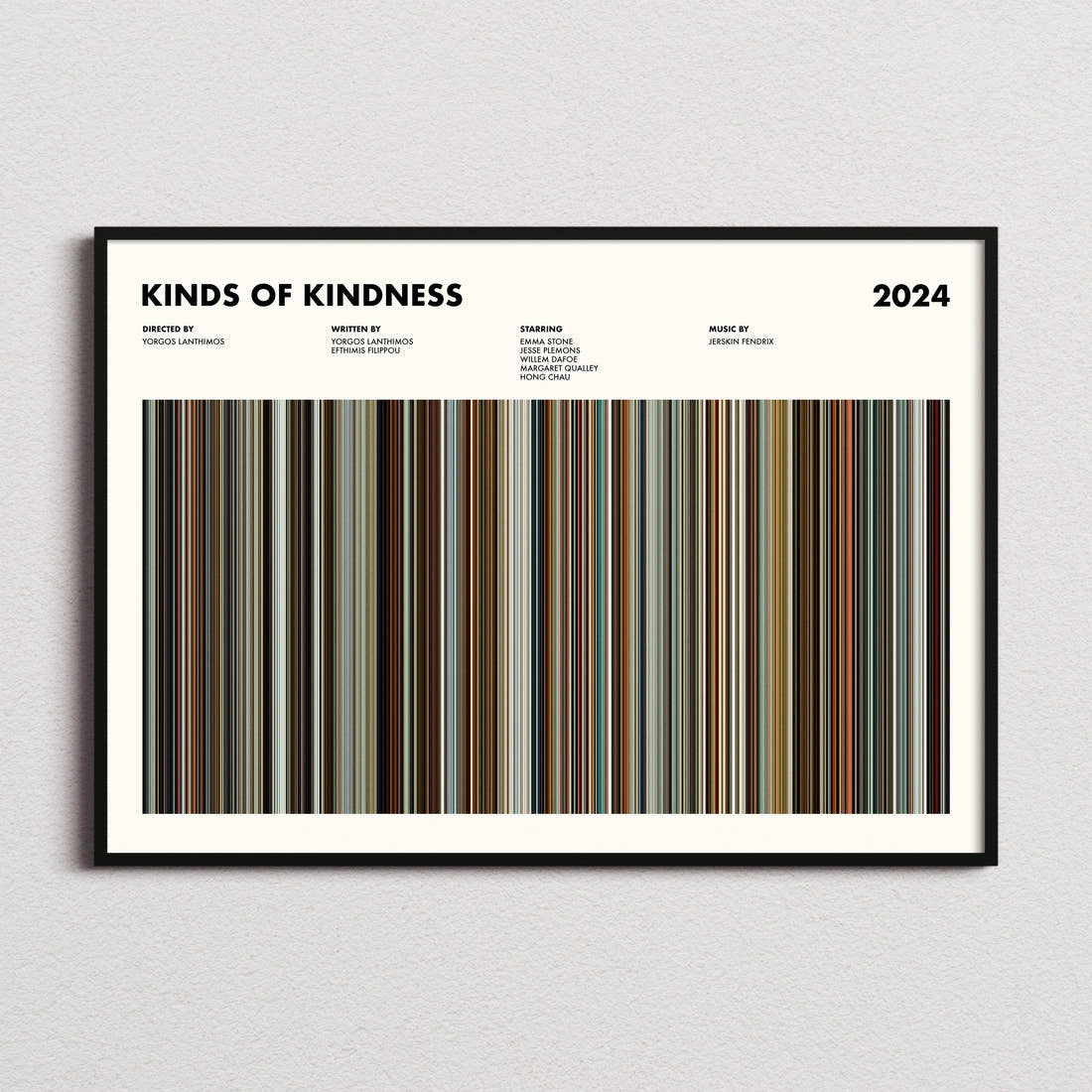 Kinds of Kindness Movie Barcode Poster framed and photographed straight on