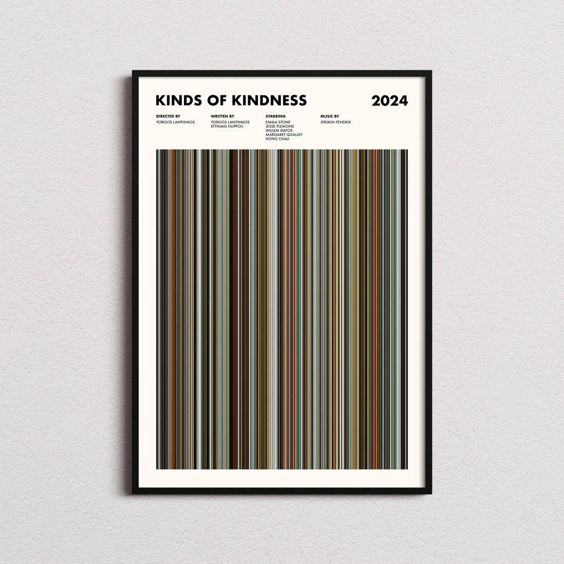 Kinds of Kindness Movie Barcode Poster framed on a plain studio wall