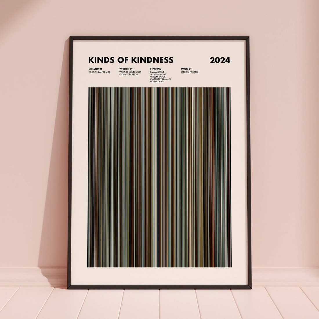 Kinds of Kindness Movie Barcode Poster framed and leaning against a coloured wall