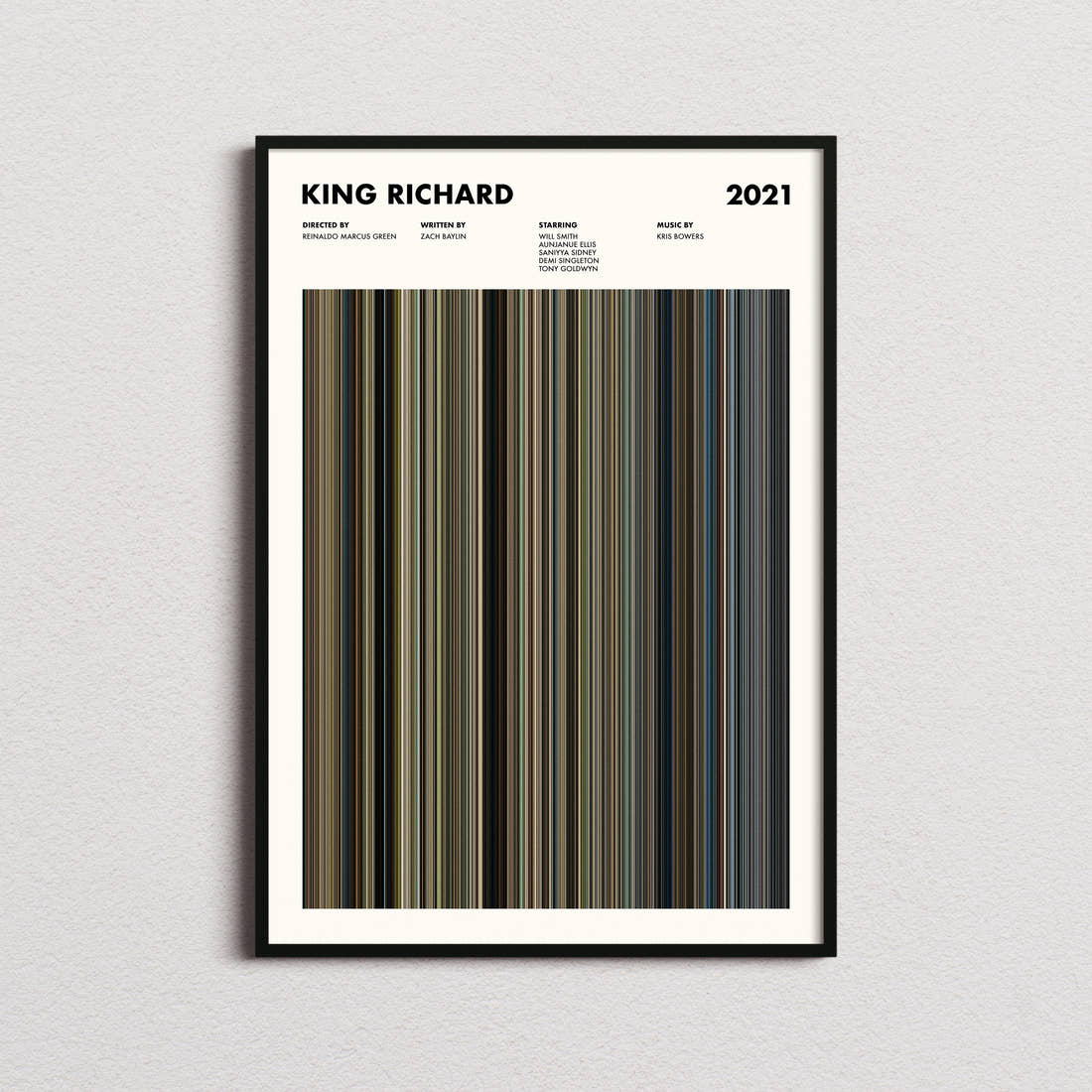 King Richard Movie Barcode Poster framed on a plain studio wall