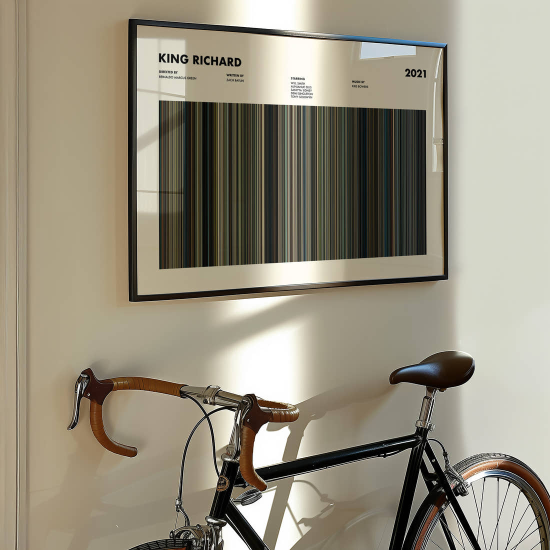 King Richard Movie Barcode Poster framed on the wall of a styled room setting