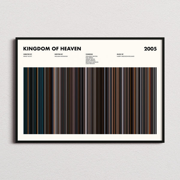 Kingdom of Heaven Movie Barcode Poster framed and photographed straight on