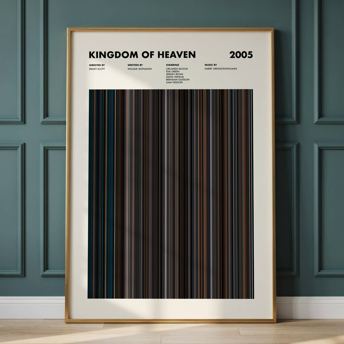 Kingdom of Heaven Movie Barcode Poster framed and leaning against a panelled wall