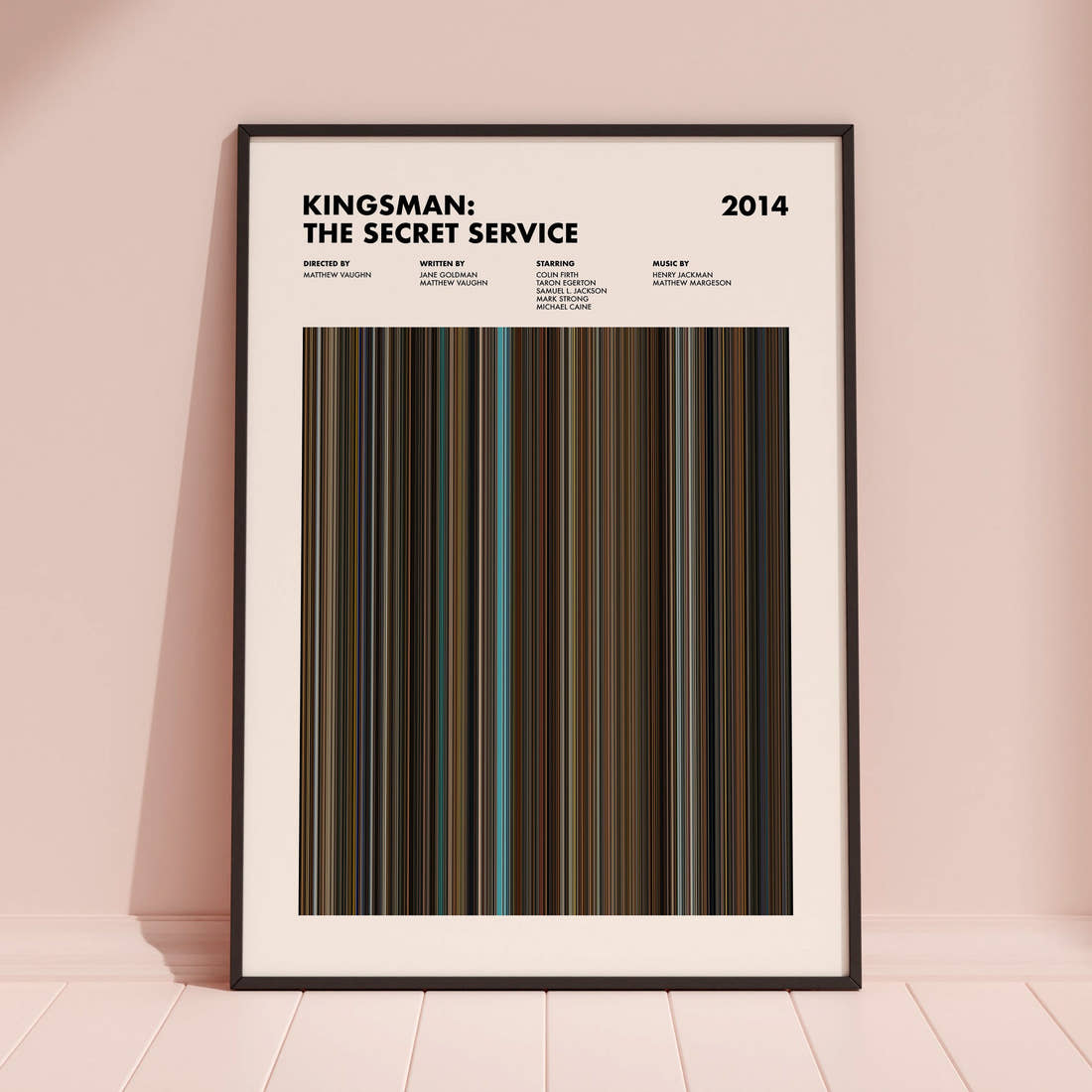 Kingsman the Secret Service Movie Barcode Poster framed and leaning against a coloured wall
