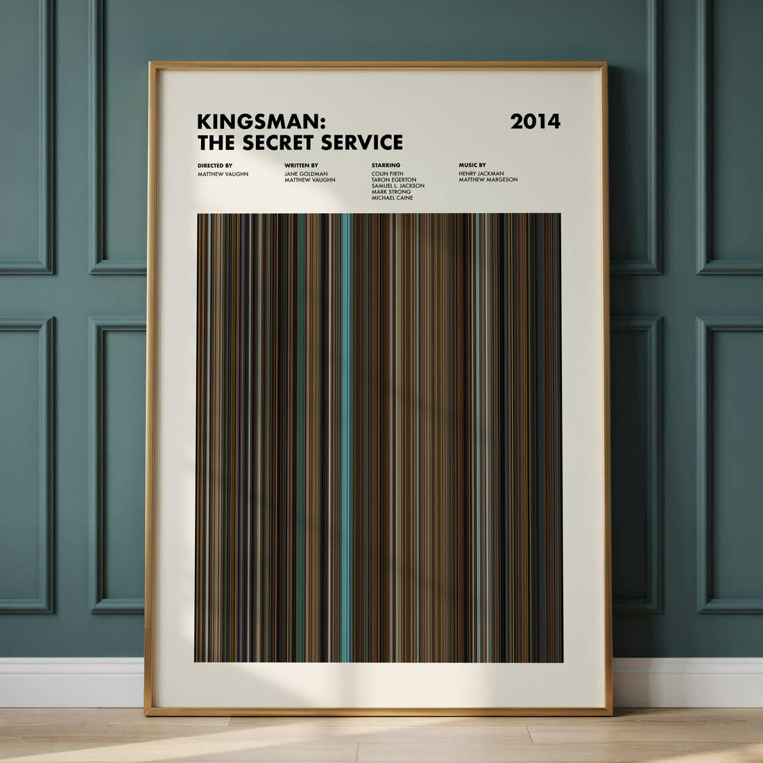 Kingsman the Secret Service Movie Barcode Poster framed and leaning against a panelled wall