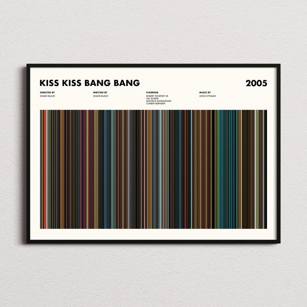 Kiss Kiss Bang Bang Movie Barcode Poster framed and photographed straight on