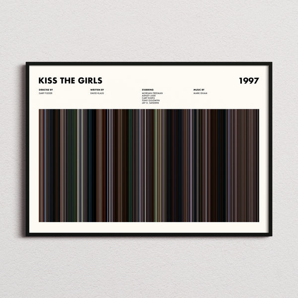 Kiss the Girls Movie Barcode Poster framed and photographed straight on
