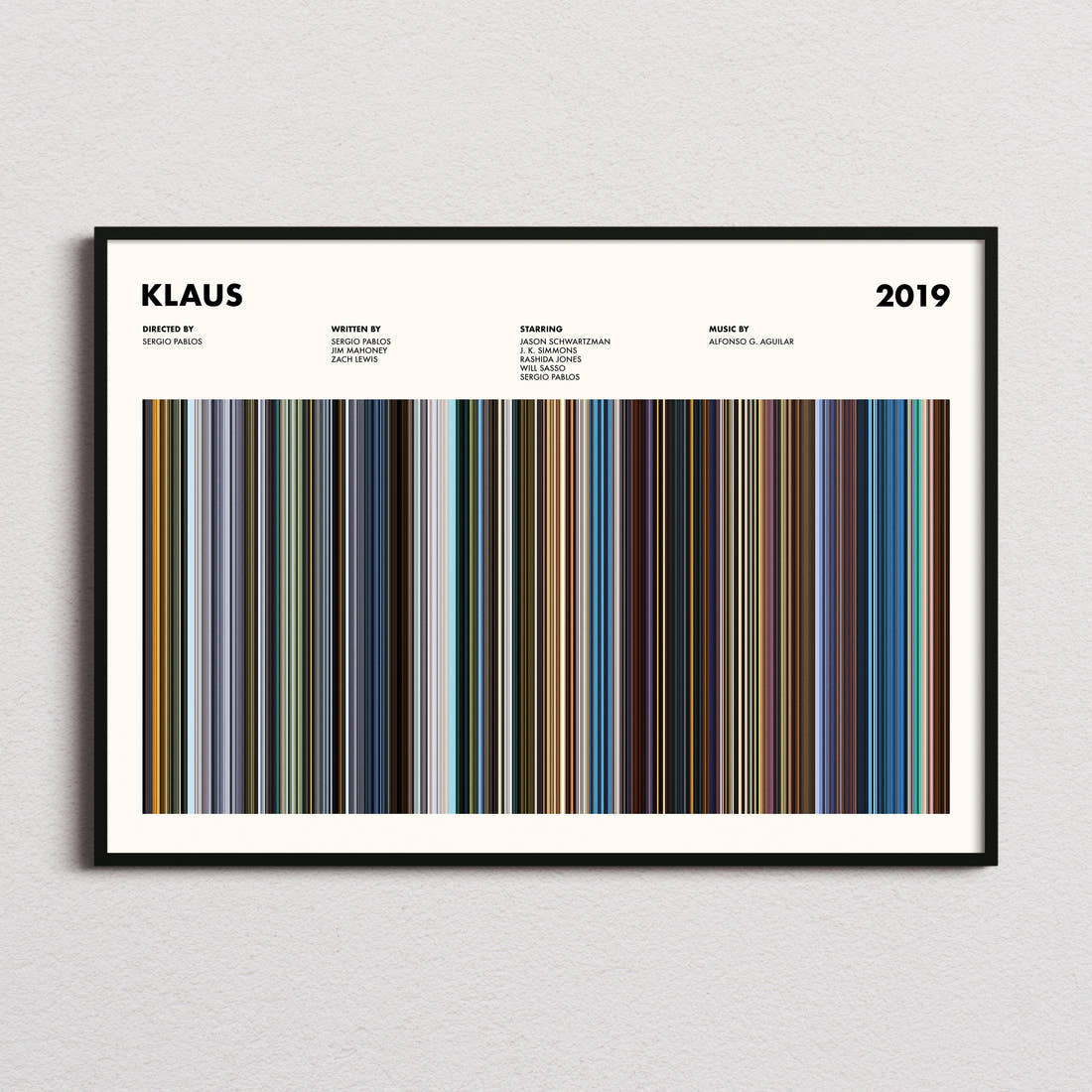 Klaus Movie Barcode Poster framed and photographed straight on