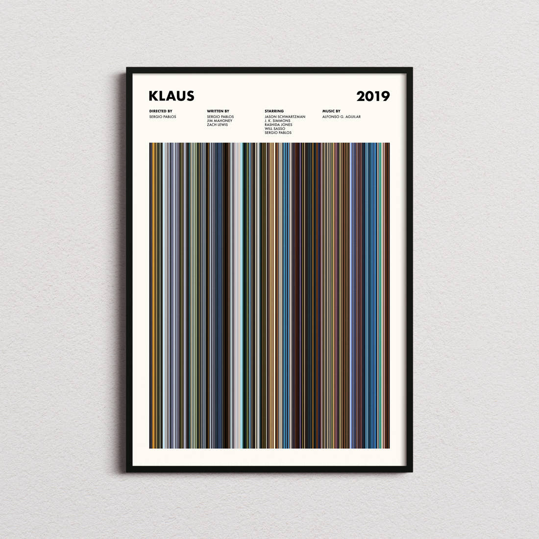 Klaus Movie Barcode Poster framed on a plain studio wall