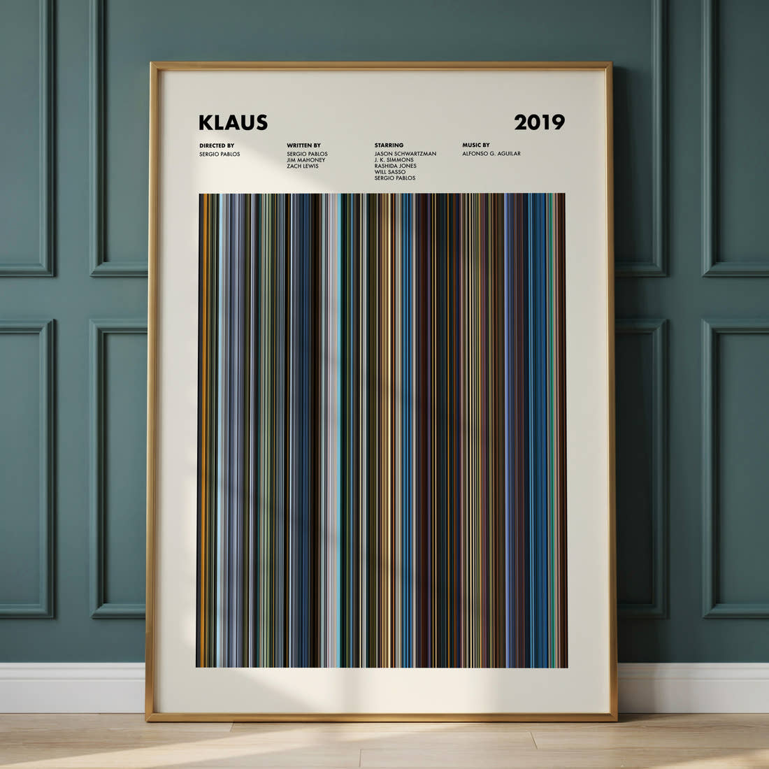 Klaus Movie Barcode Poster framed and leaning against a panelled wall