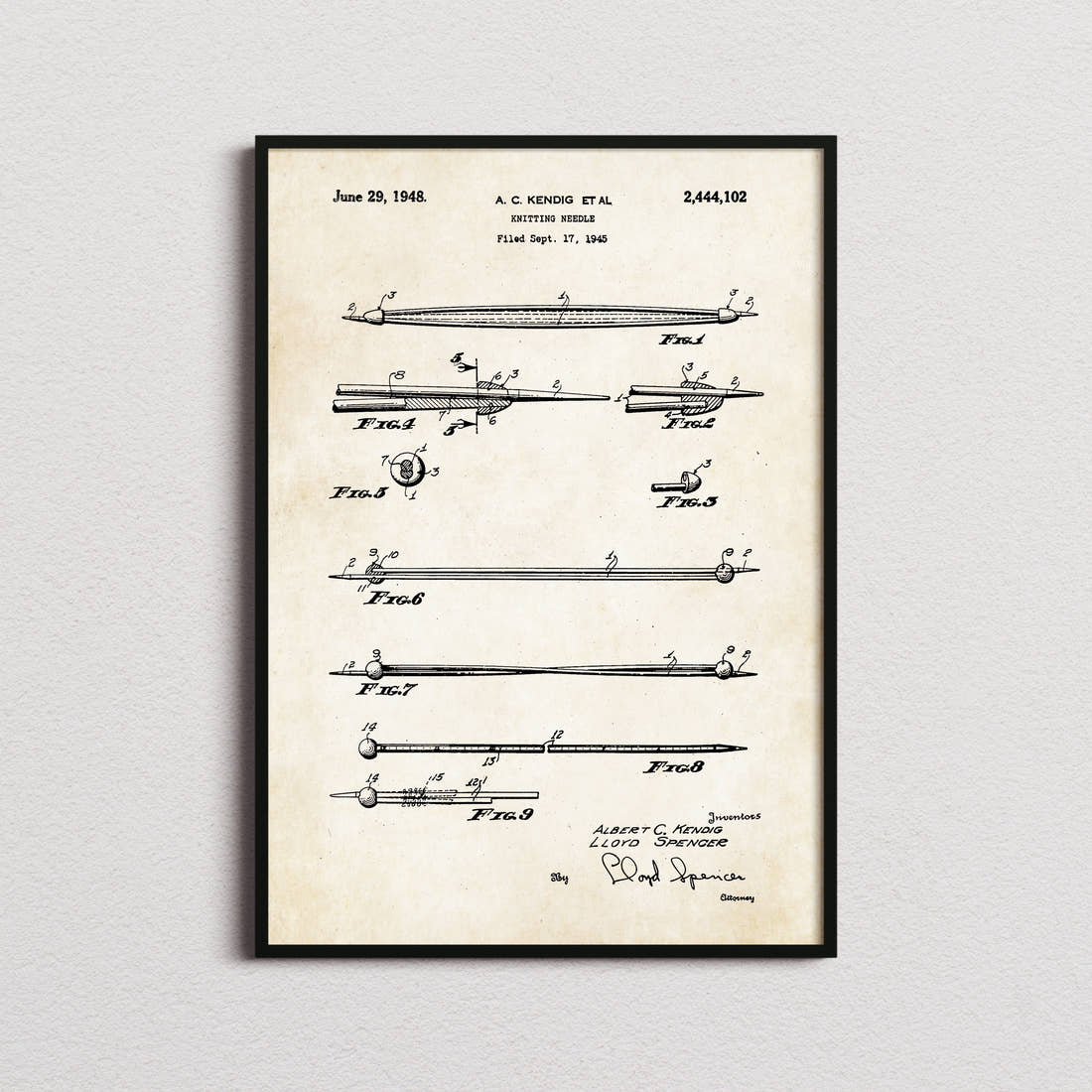 Knitting Needle Patent Print in the aged paper colourway, framed