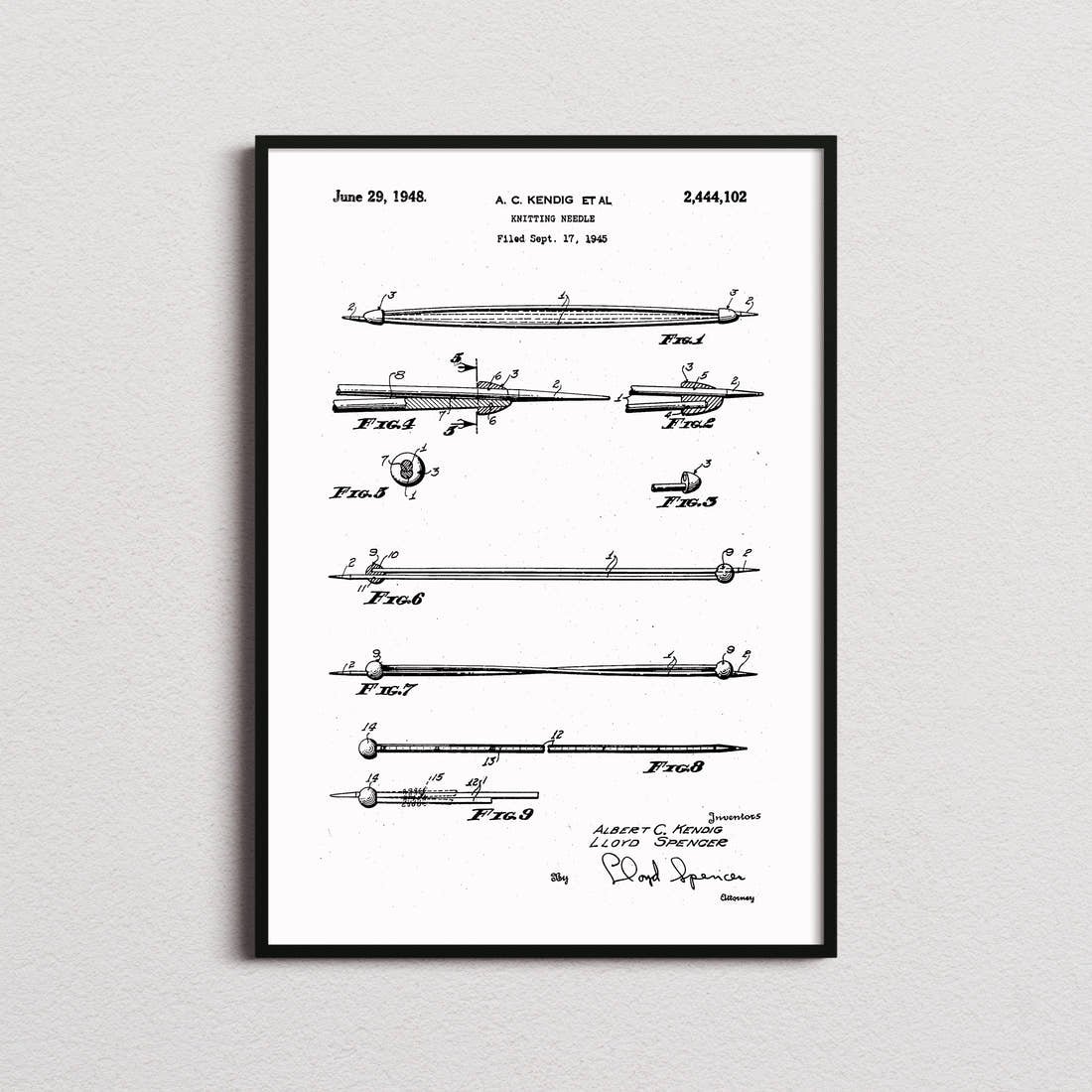 Knitting Needle Patent Print in the white colourway, framed