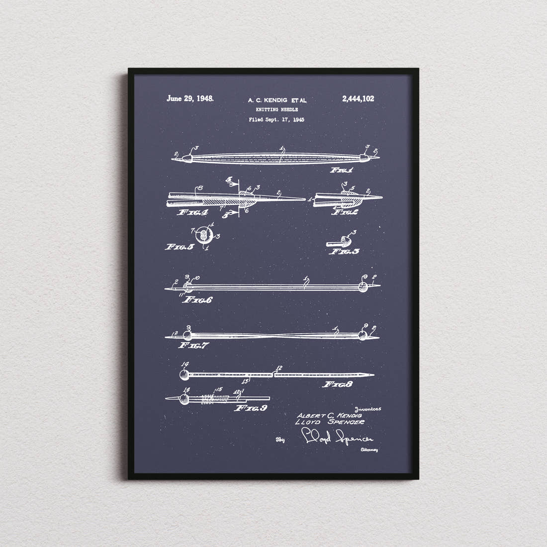 Knitting Needle Patent Print in the navy colourway, framed