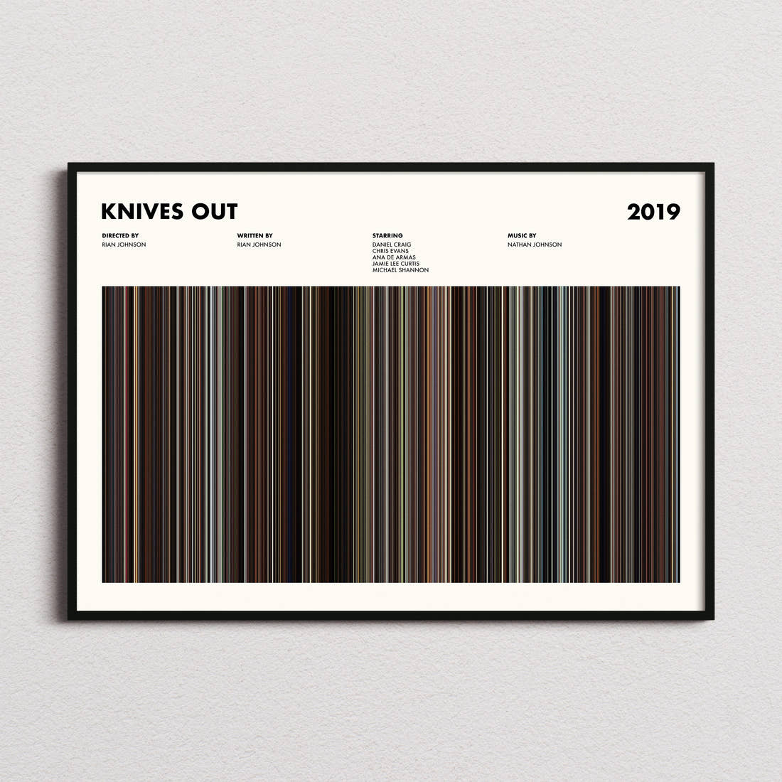 Knives Out Movie Barcode Poster framed and photographed straight on