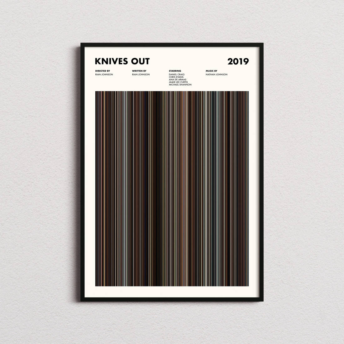 Knives Out Movie Barcode Poster framed on a plain studio wall