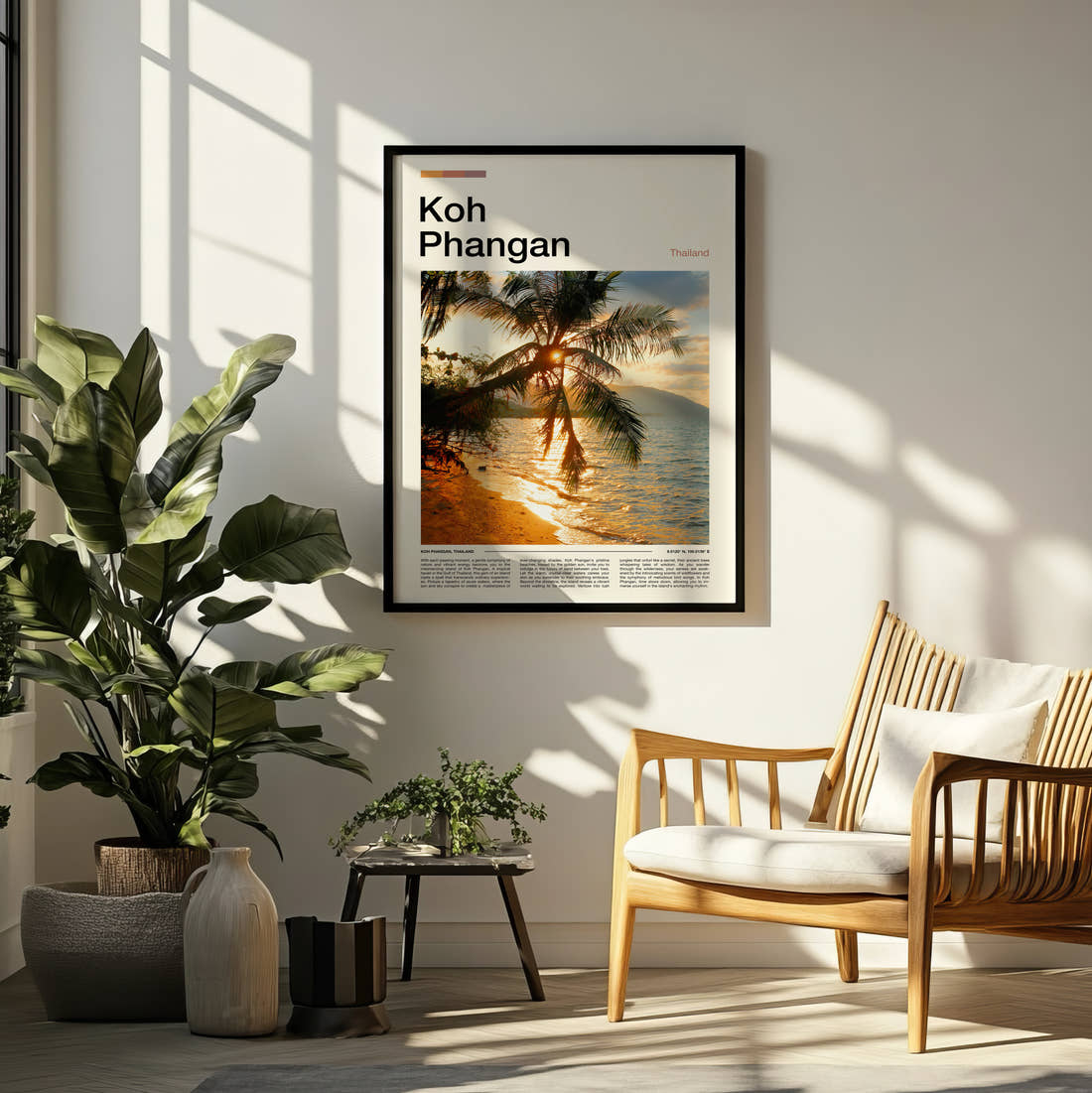 Koh Phangan Palm Trees At Sunset Travel Print framed on a pale wall beside houseplants