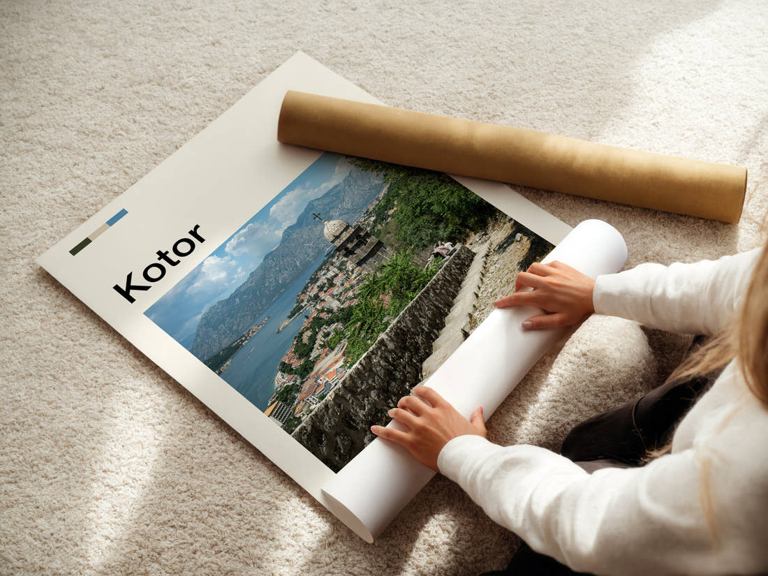 Kotor Bell Tower Overlook Travel Print being unrolled from its postal tube