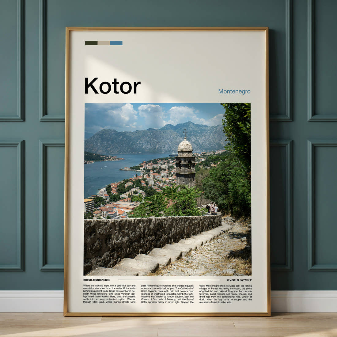 Kotor Bell Tower Overlook Travel Print framed on the wall of a calm, neutral bedroom