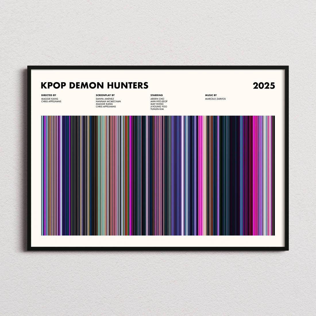 KPop Demon Hunters Movie Barcode Poster framed and photographed straight on