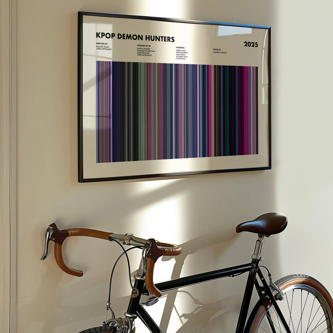 KPop Demon Hunters Movie Barcode Poster framed on the wall of a styled room setting