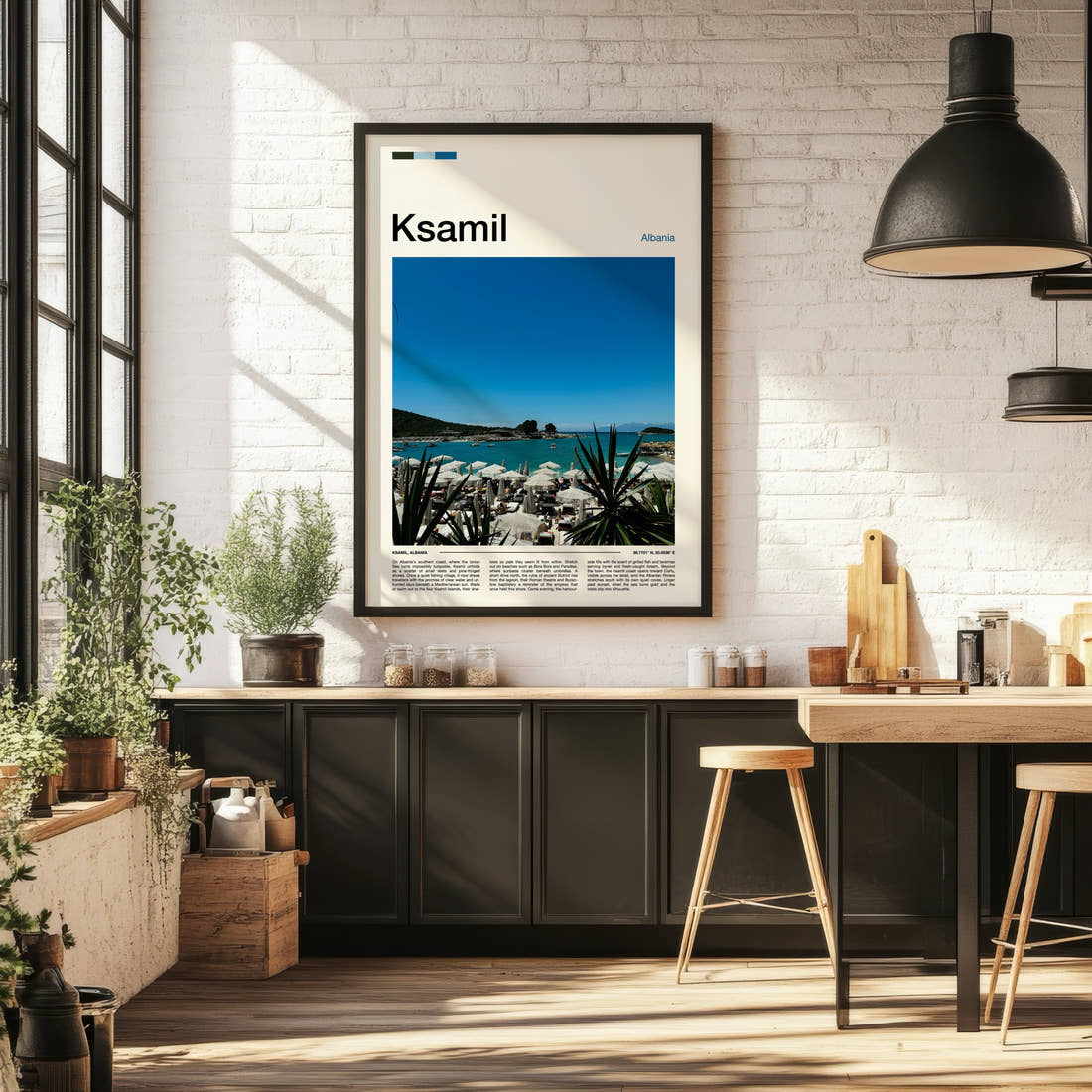 Ksamil Turquoise Beach Umbrellas Travel Print framed on the wall of a bright kitchen and dining space
