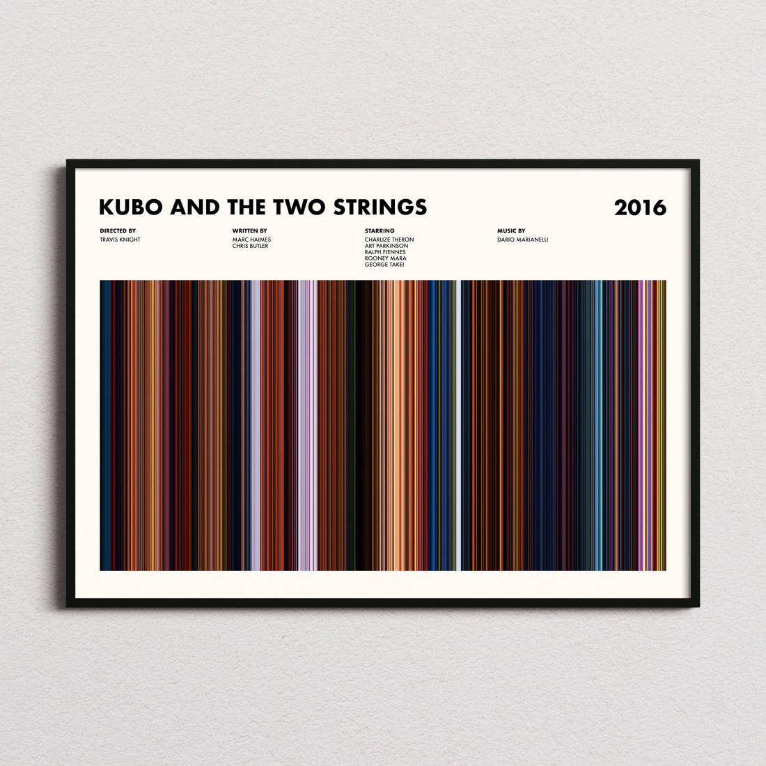 Kubo and the Two Strings Movie Barcode Poster framed and photographed straight on