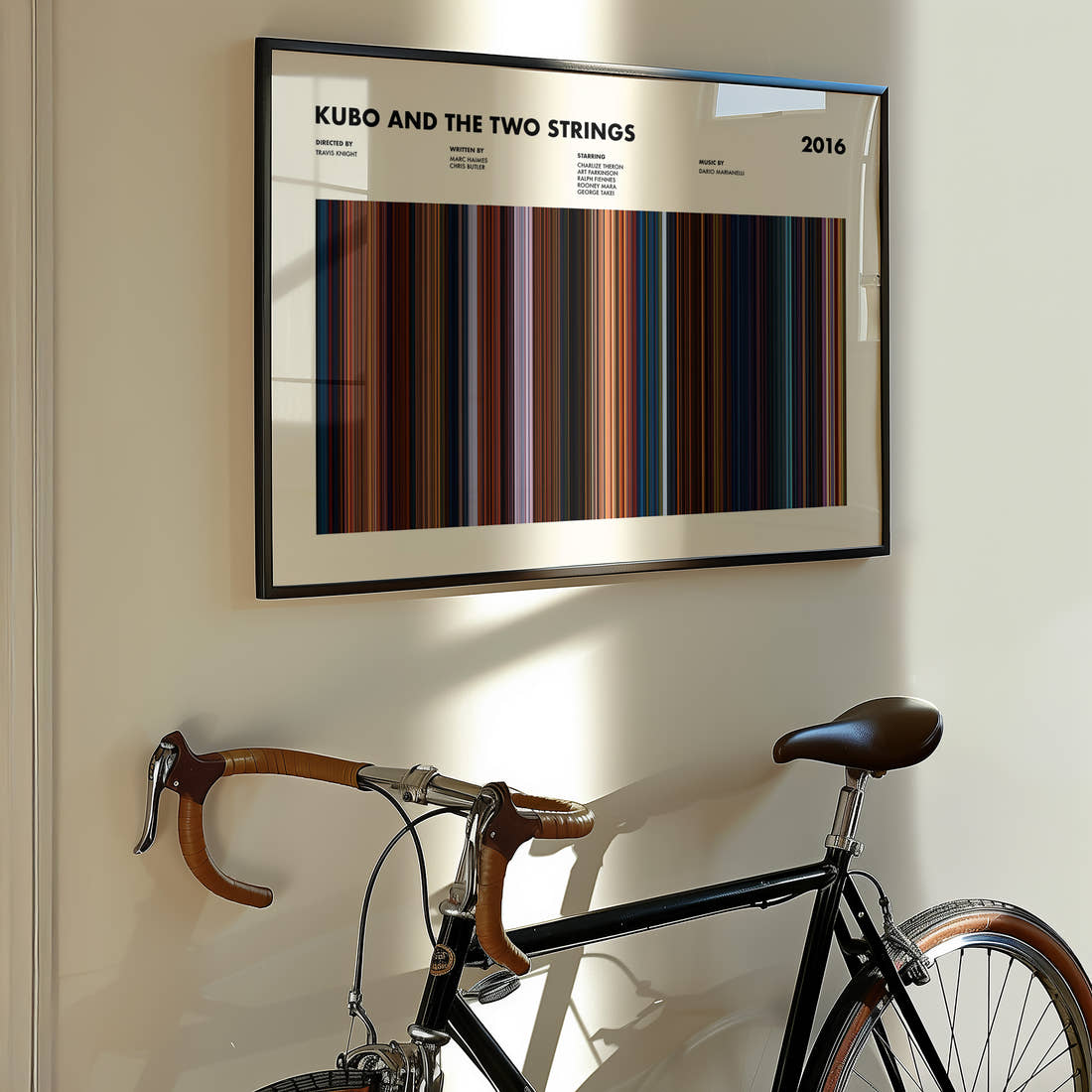 Kubo and the Two Strings Movie Barcode Poster framed on the wall of a styled room setting
