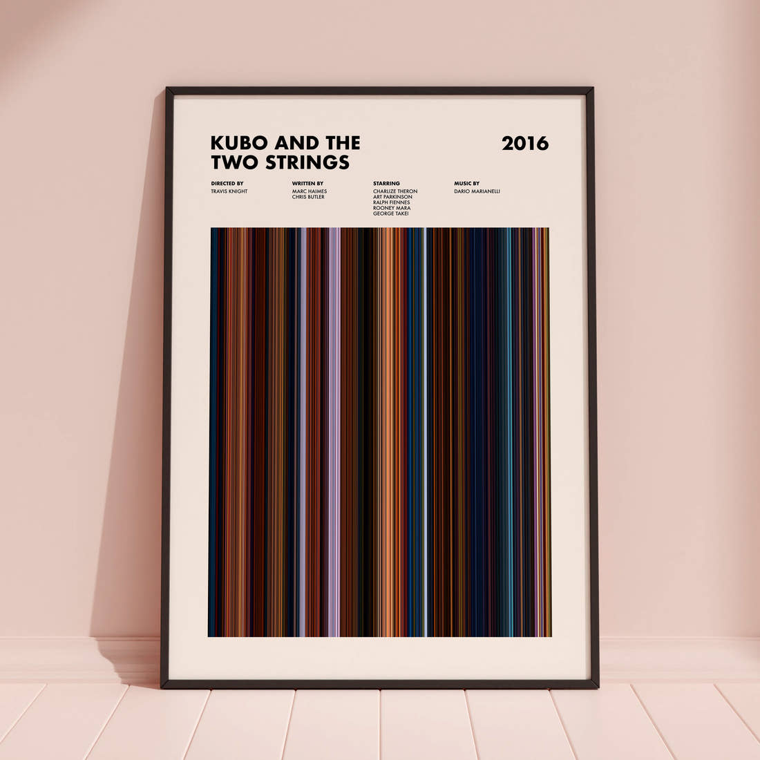 Kubo and the Two Strings Movie Barcode Poster framed and leaning against a coloured wall
