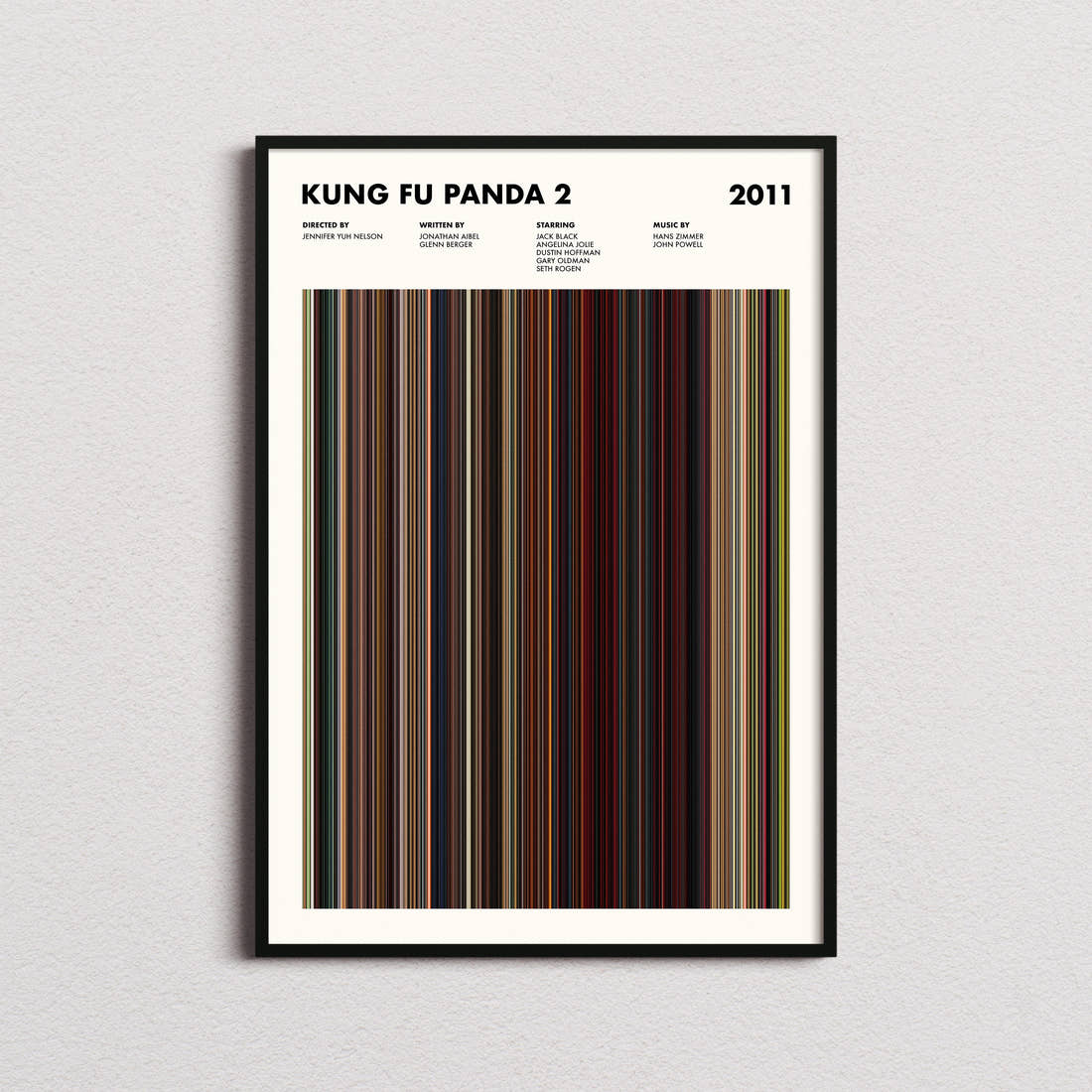 Kung Fu Panda 2 Movie Barcode Poster framed on a plain studio wall
