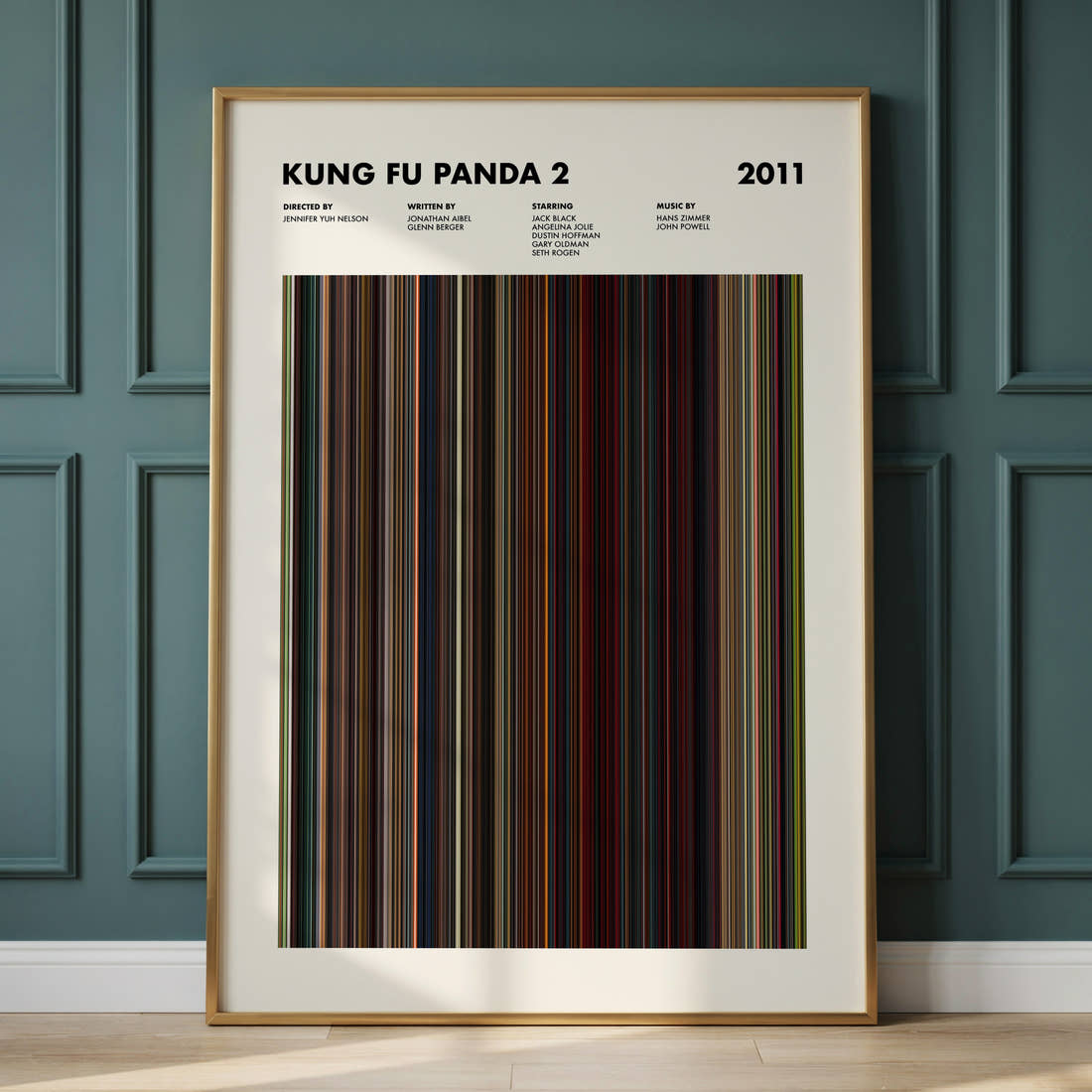 Kung Fu Panda 2 Movie Barcode Poster framed and leaning against a panelled wall