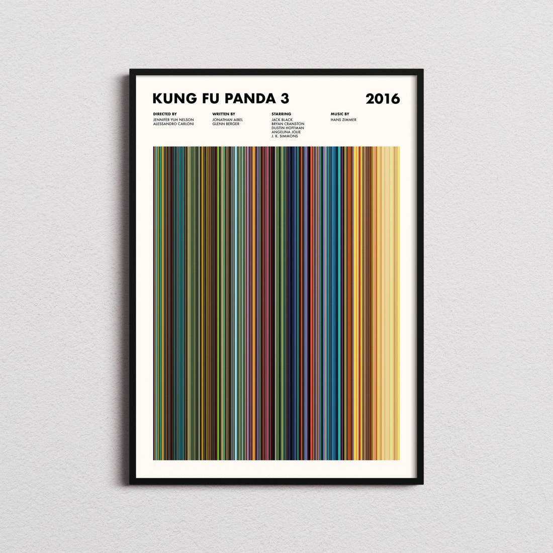 Kung Fu Panda 3 Movie Barcode Poster framed on a plain studio wall