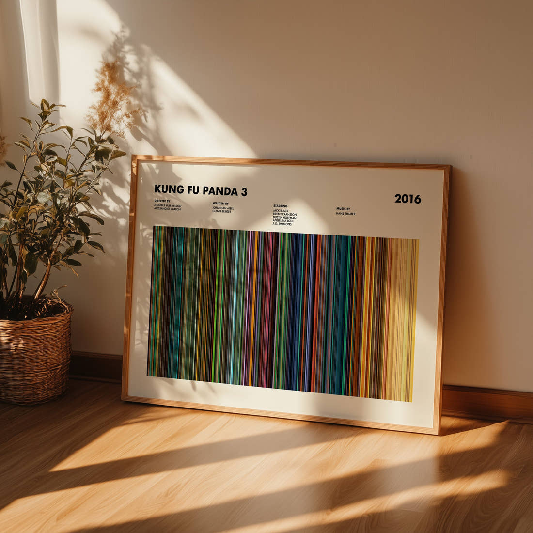 Kung Fu Panda 3 Movie Barcode Poster framed and leaning against a wall on a wooden floor