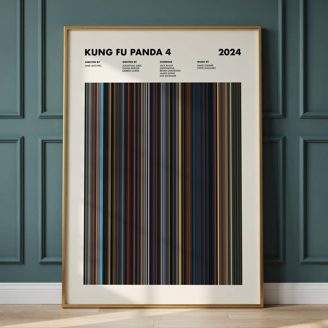 Kung Fu Panda 4 Movie Barcode Poster framed and leaning against a panelled wall