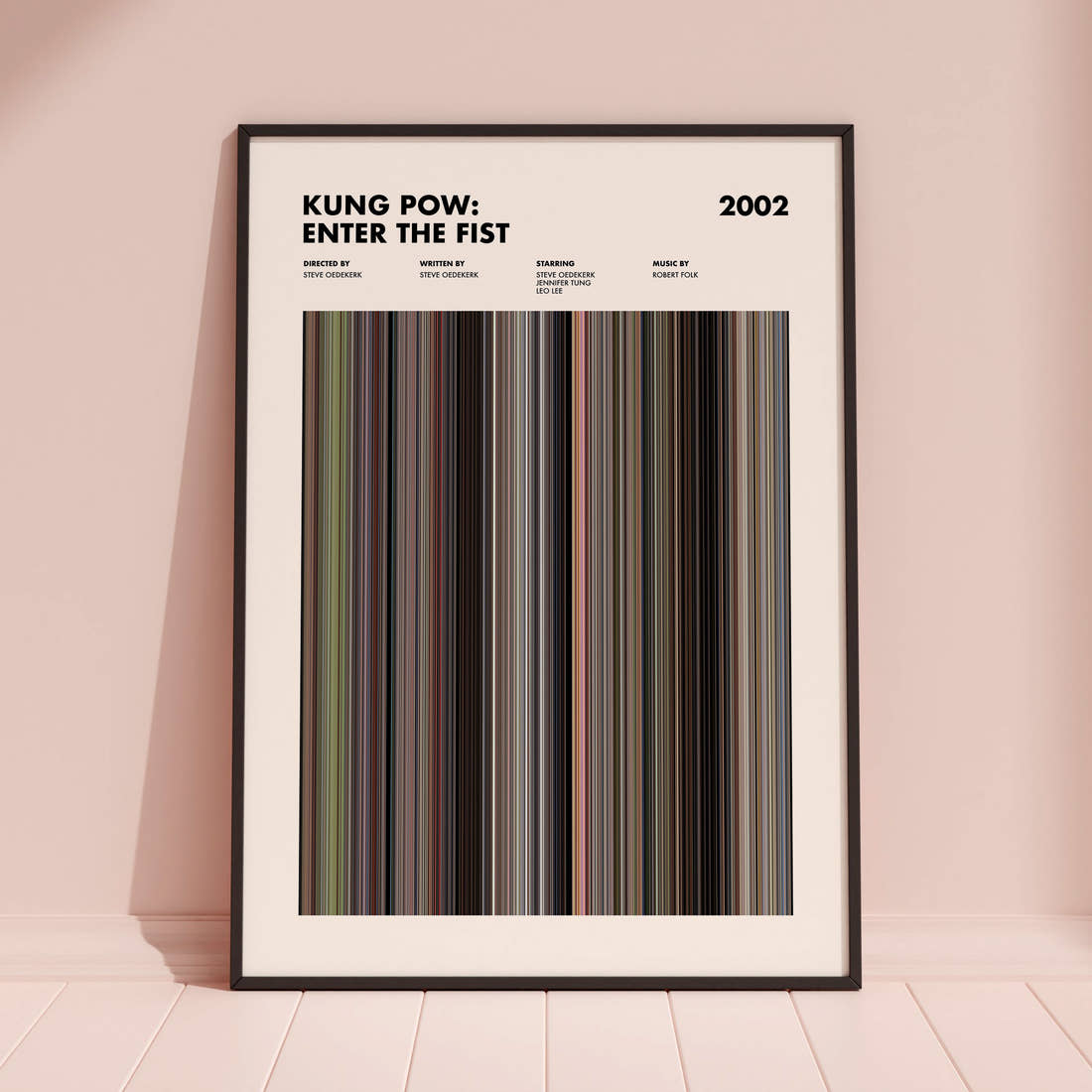 Kung Pow: Enter the Fist Movie Barcode Poster framed and leaning against a coloured wall